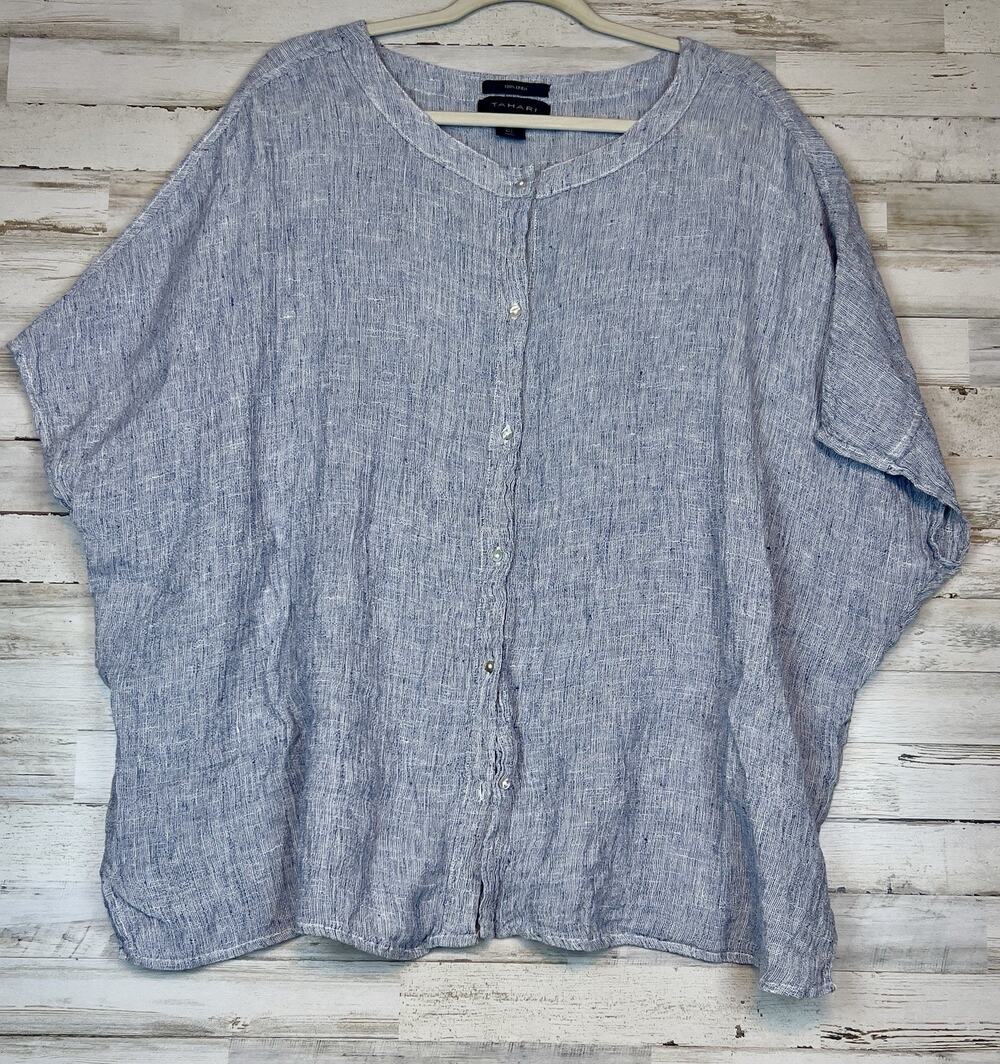 Tahari Linen Button Top Round Neck Short Sleeve Lagenlook Oversized Boxy Gray Lg